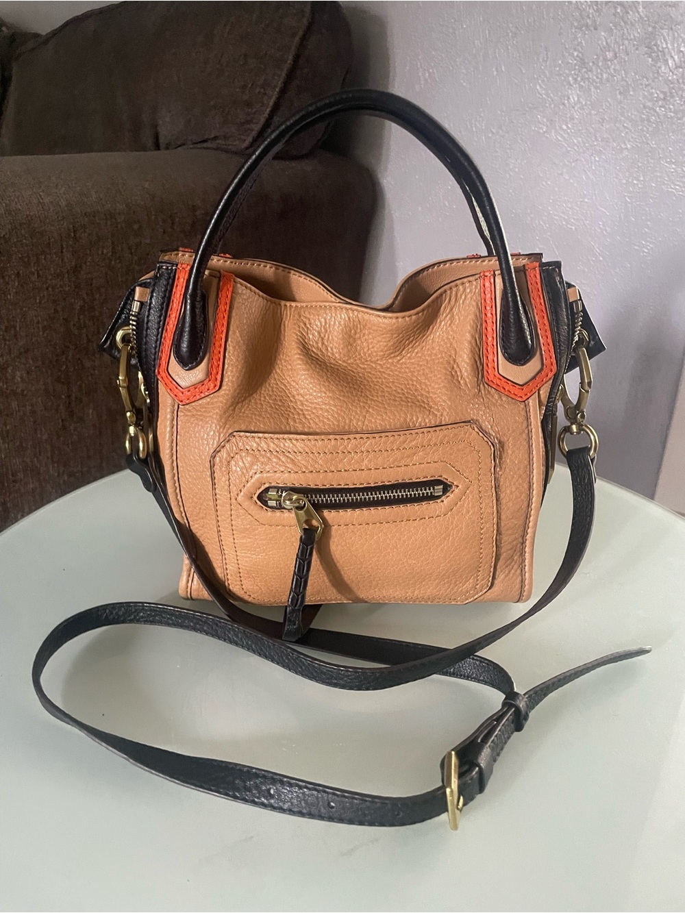 orYANY Tan Shoulder Bag with Black Handles and Orange Trim